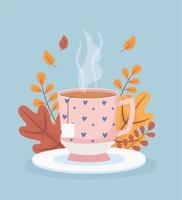 Kaffeezeit und Tee, Tasse Teebeutel auf Tellerblätter Saison vektor
