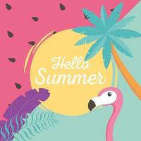 Flamingovogel mit exotischen tropischen Palmblättern, hallo Sommerbeschriftung vektor