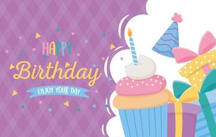Grattis på födelsedagen, inbjudningskort cupcake gåvor hatt firande vektor