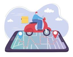 Online-Lieferservice, Mann im Roller auf Smartphone, schneller und kostenloser Transport, Bestellversand, App-Website vektor