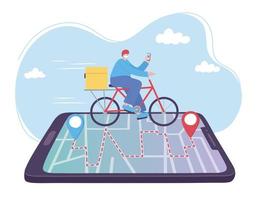 Online-Lieferservice, Mann fährt Fahrrad auf Smartphone-Tracking, schneller und kostenloser Transport, Bestellversand, App-Website vektor