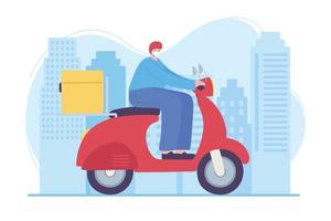 online leveransservice, man rider motorcykel i gatustaden, snabb och gratis transport, beställ frakt vektor