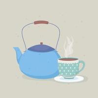 kaffe tid och te blå vattenkokare och kopp med tallrik vektor