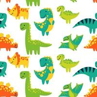 Vektor nahtlos Farbe wiederholen Muster mit Dinosaurier im ein hell Karikatur Stil. Kinder- nahtlos Muster mit handgemalt Dinosaurier. Vektor Illustration von Dinosaurier