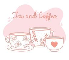 Tee und Kaffee handgeschriebener Schriftzug und verschiedene Tassen, Linienstil vektor