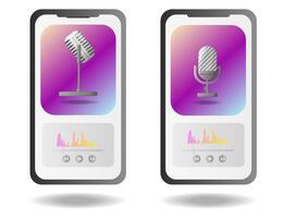 Smartphone mit Mikrofon. streamen, bloggen, Podcasting, Radio Rundfunk, Podcast App Konzept. Vektor Illustration zum Webseite, Poster, Banner, Werbung.