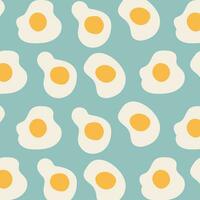 friterad ägg mönster. vektor sömlös friterad ägg mönster eller tapet. morgon- frukost sömlös mönster med friterad ägg. tecknad serie illustration på blå bakgrund. vektor bakgrund för textil.