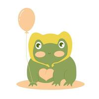 wenig süß Baby Frosch im Kopfbedeckungen mit Ballon im Hand. Vektor Illustration von Reptil Tier. Bild von Kinder Zeichnung Stil.