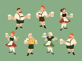 oktoberfest män och kvinnor med traditionell tyg- och ölvektordesign vektor