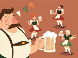 Oktoberfest-Mann und -Frauen mit traditionellem Stoffbier und Banner-Wimpel-Vektordesign vektor