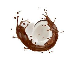 realistisk choklad mjölk virvla runt stänk med kokos vektor