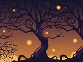 halloween mörk natt bakgrund med läskigt träd vektor