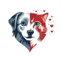 söt katt och hund ansikte hjärta logotyp vektor illustration mall