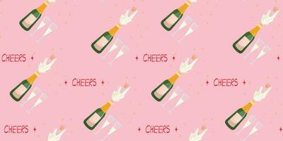 rosa sömlös mönster med en flaska av champagne och glasögon. glad jul, Lycklig hjärtans mönster. vektor