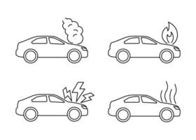 Auto Absturz, Unfall von Transport, Linie Kunst Symbol Satz. gebrochen Fahrzeug, Feuer, Rauch. Vektor Gliederung Illustration