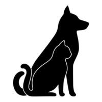 Hund und Katze schwarz Profil Silhouette. Haustiere sitzen zusammen, Seite Aussicht isoliert auf Weiß Hintergrund. Design zum Veterinär Klinik, Geschäft, Tier Geschäft. Vektor Illustration