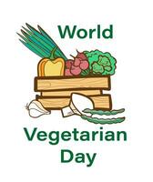 Welt Vegetarier Tag Karte. Gemüse runden Komposition mit natürlich gesund Lebensmittel. bunt Hand gezeichnet Illustration im Karikatur Stil. vektor