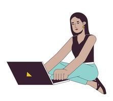 Mitte östlichen jung Erwachsene Frau mit Laptop eben Linie Farbe Vektor Charakter. editierbar Gliederung voll Körper Person auf Weiß. Sitzung Aufpassen einfach Karikatur Stelle Illustration zum Netz Grafik Design