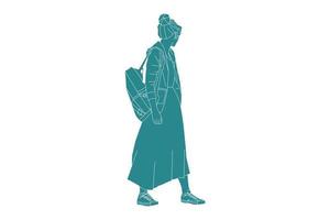 Vektor-Illustration der zufälligen Frau, die zur Schule geht, flacher Stil mit Umriss vektor