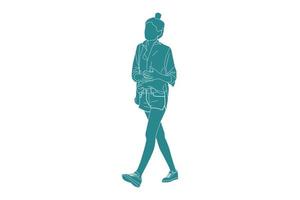 vektorillustration av en snygg kvinna som går med sin flaska vatten, platt stil med konturer vektor