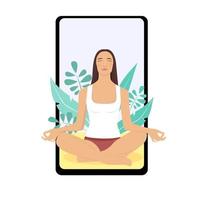 konceptillustration för yoga hälsosam livsstil. bilden av en kvinna som mediterar över naturen visas på smartphone-skärmen. illustration i platt tecknad stil. vektor