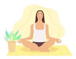 kvinna som mediterar hemma. konceptillustration för yoga, meditation, koppla av, rekreation, hälsosam livsstil. illustration i platt tecknad stil. vektor