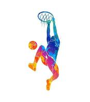silhuett basketspelare med boll från stänk av akvareller. vektor illustration av färger.