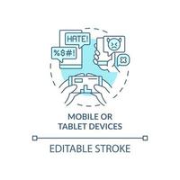 Konzeptsymbol für mobile und Tablet-Geräte. Cybermobbing-Kanalidee dünne Linie Illustration. Senden anonymer Nachrichten mit Drohungen. Vektor isoliert Umriss RGB-Farbzeichnung. bearbeitbarer Strich