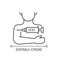 Injektion in das lineare Symbol des Arms. Behandlung in der Grippeklinik. Medikamentenimpfung. Impfstoff für Patienten. dünne Linie anpassbare Illustration. Kontursymbol. Vektor isolierte Umrisszeichnung. bearbeitbarer Strich