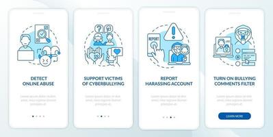 Cyberhumiliation Prevention Onboarding mobiler App-Seitenbildschirm mit Konzepten. Anleitung zum Cyber-Mobbing-Bericht in 4 Schritten mit grafischen Anweisungen. ui, ux, gui-Vektorvorlage mit linearen Farbillustrationen vektor
