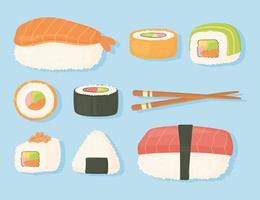 japanisches Essen traditionelles frisches Sushi und Stäbchen-Design vektor