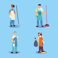 uppsättning städarbetare, professionell städpersonal, hushållsstädare och städutrustning vektor