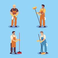 uppsättning städarbetare, professionell städpersonal, hushållsstädare och städutrustning vektor