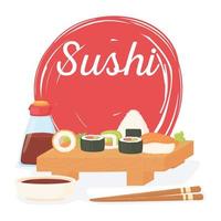 Sushi-Zeit, Rollensauce japanisches traditionelles Kücheplakat vektor