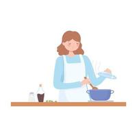Köchin bereitet Mahlzeit mit Topf in Herdküche Cartoon zu vektor