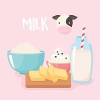 mjölk mejeriprodukt tecknad ikoner set, ko smör dryck vektor