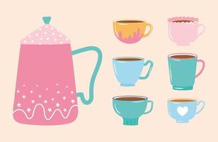 te och kaffe vattenkokare och samling olika koppar vektor