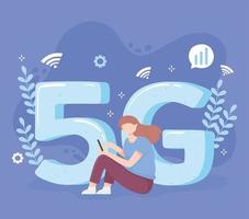 Frau mit Smartphone-Technologie drahtlose Verbindung 5g-Generation vektor