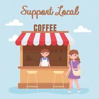 Unterstützen Sie das lokale Geschäft, den Verkäufer im lokalen Kaffeeladen und die Kundenfrau vektor