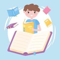Junge mit offenem Buch, Bücher mit Lesezeichenliteratur lernen Konzept vektor
