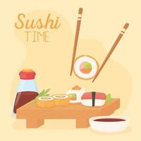 Sushi Time, Stäbchen mit Rollsauce Soja und verschiedene Brötchen various vektor