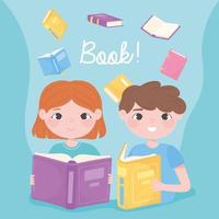 Jungen und Mädchen lesen Bücher lernen und akademische Bildung gestalten vektor