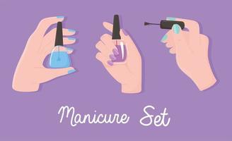 Maniküre, weibliche Hände halten Nagellackfarbe, setzen lila Hintergrund vektor