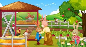 Gartenszene mit vielen Kaninchen-Cartoon-Charakter vektor