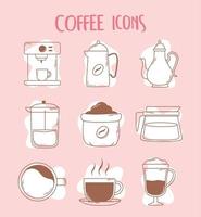 kaffemaskin espressokopp fransk press tekanna och kopp ikoner linje och fyll vektor