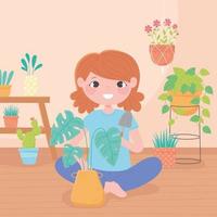 hemträdgård, flicka med spade och krukväxter i krukor vektor
