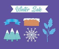 Winter Sale Set Icons von Baum Holzbrett Schneeflocken und Baum vektor