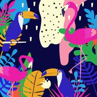 Tropisk djungel lämnar bakgrund med flamingos och tukaner vektor