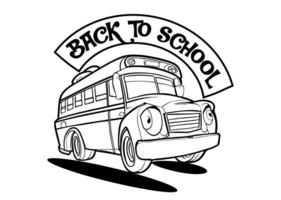 Schule Bus mit Text zurück zu Schule. Vektor Illustration Feier Färbung Seite von ein Schule Bus Comic Karikatur Charakter Zeichnung Vektor Kunst Gruß Karte Design