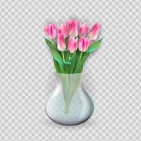 realistisk 3d glas transparent vas med tulpaner blomma. designelement för affisch, gratulationskort. vektor illustration eps10